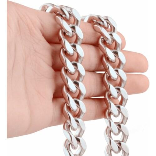 15mm Wide Hip-hop Silver Color Stainless Steel Handmade Cuban Curb Chain Mens Womens Necklace Or Bracelet Trendy Jewelry 7-40"