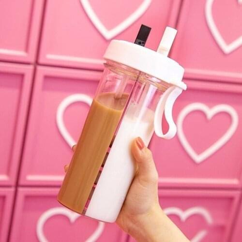 Creative Simple Double Drinking Cup Double Straw Couple Water Mug Dual Purpose Kettle Student Net Red Lovers Bottle Outdoor