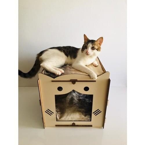 Cat House Two Layer Wood Brown LUX 2 LAYER AHŞAM CATS HOUSE 2 PCS PILLOW HEDİYELİDİR