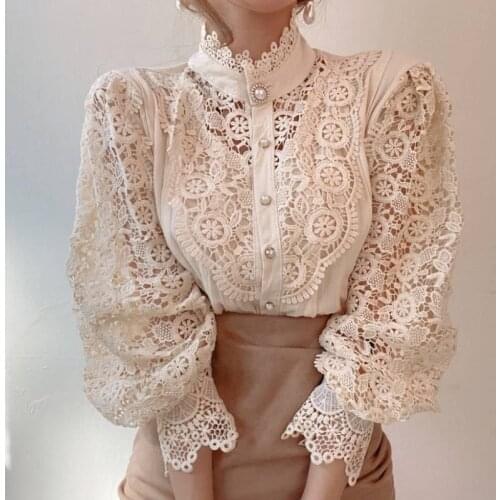 Elegant Lace Patchwork Solid Blouse Women Stand Collar Long Sleeve Court Style Blusas Spring 2021 Nw Slim Shirt Feminino