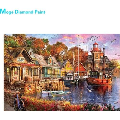 City Harbor Ship Diamond Painting Scenic House Round Full Drill Nouveaute DIY Mosaic Embroidery 5D Cross Stitch Home Decor Gifts