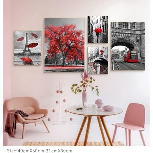 Red City Street View Car Tower Umbrella Home Decor Picture Nordic Living Room Bedroom Background Wall Art Poster Canvas Painting