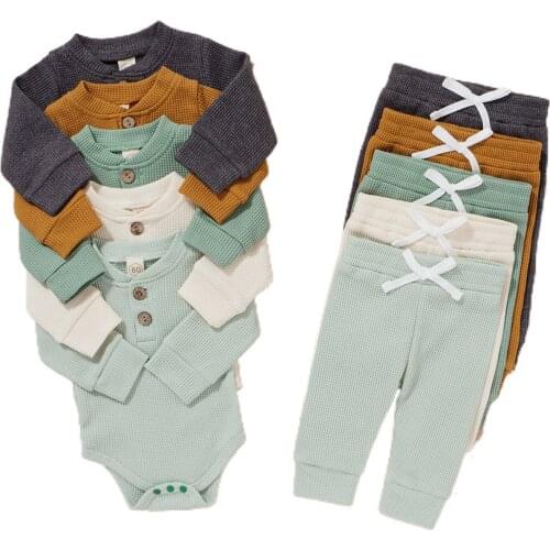 Newborn Baby Boys Girls Clothes Set Solid Color Ribbed Long Sleeve Romper Pant Outfits for Spring Fall Childrens Clothing 2Pcs