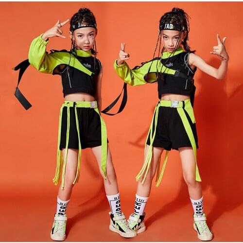 Jazz Dance Costume Girls Green Single-Sleeve Hip Hop Dance Outfits Children Performance Street Dance Wear Rave Clothes BL6531