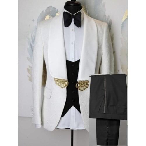Costume Homme Ivory Pattern Men Suits Groom Tuxedos Shawl Satin Lapel Groomsmen Wedding Blazer Masculino( Jacket+Pants+Vest)