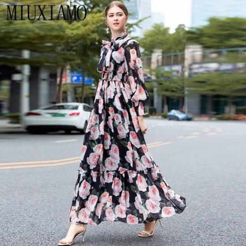 MIUXIMAO 2020 Summer Dress Loose Maxi Dress New Arrival Rose Flower Print Ruffles Floor-Length Long Dress Women