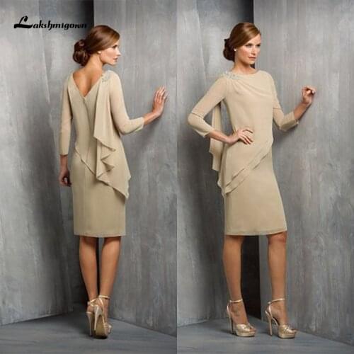 Fashion Classic-looking Mother of The Bride Dress Knee Length Boat Neckline Chiffon Party Dress with Sleeves mae da noiva plus s