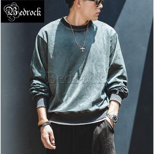 Mens Japanese retro Preppy style soft solid color suede sweatshirt without hood long sleeve all-match plus velvet pullover