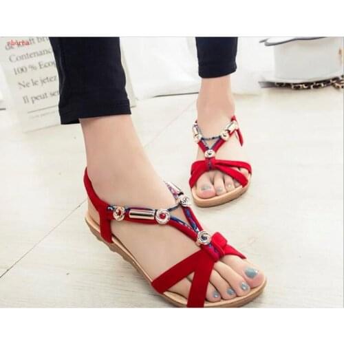 New beading Fashion Women Sandals Flats Ankle-Strap Shoes Women Summer Sandals Flip Flop Sandals black Red women shoes