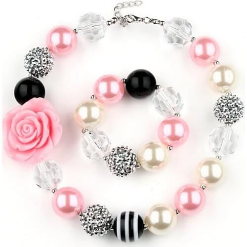 Girls Lovely Pink Flower Chunky Beads Strand Necklace Bracelets Kids Fancy Dress Ourfits Jewelry Set Baby Birthday Party Gift