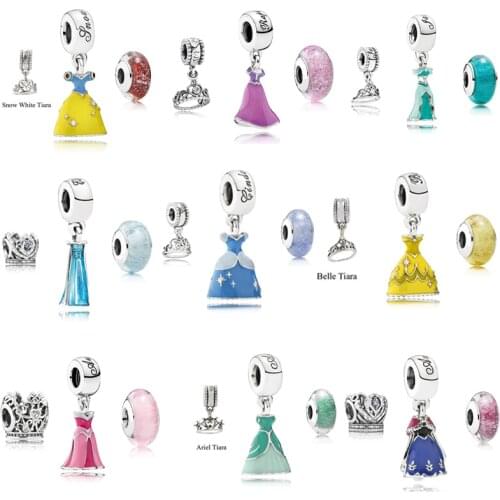 DIY 3pcs/set Princess Party Best Friend Dress & Crown & Murano Glass Beads 100% Real 925 Sterling Silver Jewelry Charms