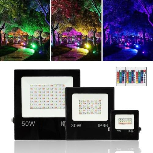Led Spotlight Outdoor Waterproof RGB Flood Light 10W 30W 50W AC220V Reflector Projector Lamp With 16 Colors Remote Controller