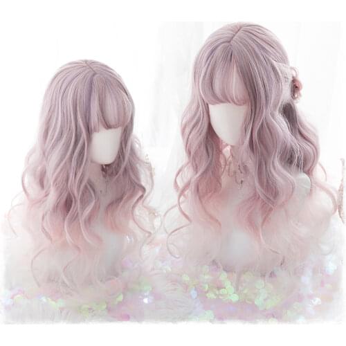 Japanese Harajuku Lolita Girls Long Curly Wavy Wigs Ombre Gradient Cosplay Party Hair Wig + Cap
