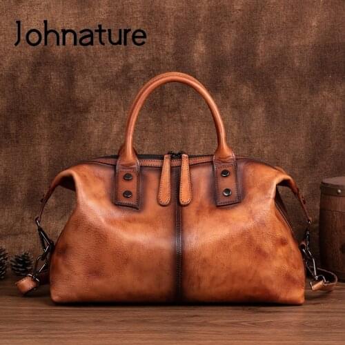 Johnature 2021 New Retro Women Bag Genuine Leather Lady Handbag Nature Soft Cowhide Hand Painted Large Capacity Shoulder Bags