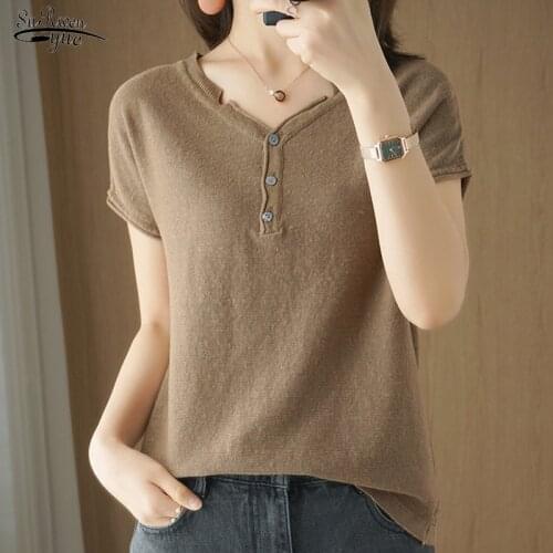 Office Lady Clothing Cotton T-shirt Casual Loose Shirt Summer 2021 New Blouse for Women V-neck Knitted Short Sleeve Blusas 14643