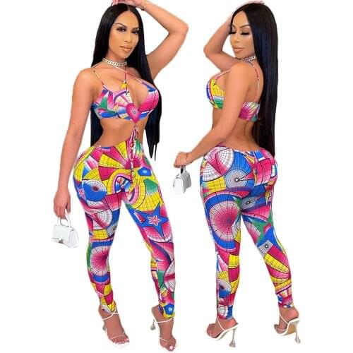 Colorful Digital Print Women Sexy Lace up Bra Tops With Long Pants Summer Suits