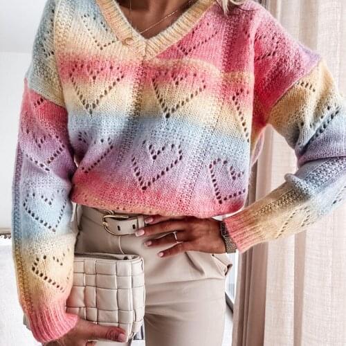 Women Casual Rianbow Color Knitted Sweater Love Hollow Out Long Sleeve V neck High Street Pullover 2021 Autumn Fashion Sweater