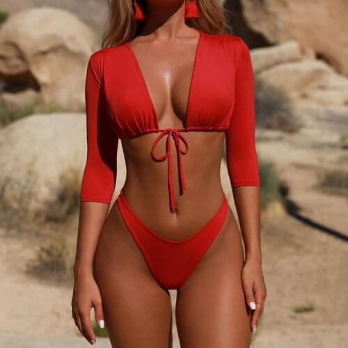 Women Sexy Bikini Set Mid-sleeve Solid Color Swimwear Bandage Brazilian Beachwear New Bathing Suit