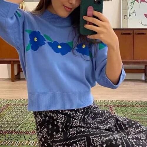 2021 Early Spring Women Knitted Sweater O-Neck Retro Flowers Jacquard Ladies Knitwear Pullover Tops Femme Elegant Jumpers