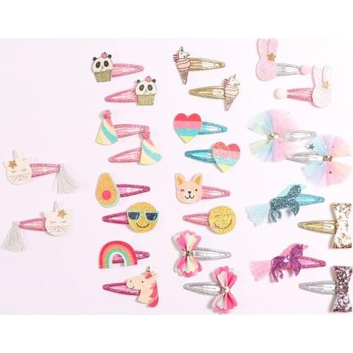 13set/lot Kids Rainbow Panda Unicorn Hair Clips Girls Cartton Animal BB Clip Cute Headwear Glitter Water Drop Shaped Hairpins