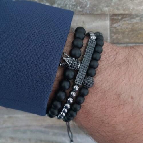 3pcs/set Fashion CZ Ball Bar Crown Charm Bracelet Sets Men Classic Black Matte Stone Beaded Braiding & Elastic Bracelet Jewelry