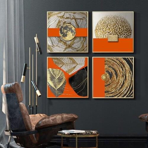 4 Pieces Golden Orange Geometric Wall Art Canvas Painting Nordic Print Poster Abstract Wall Picture Living Room Home Decoration