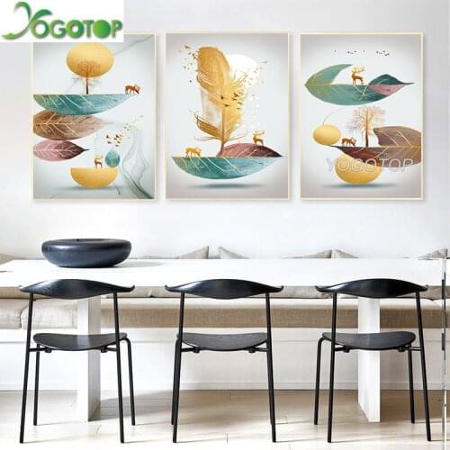 Abstract Art Golden Feather Deer Green Leaf Diy 5d Diamond Painting Full puzzle mosaic Diamond Embroidery 3 pcs decor ML1376