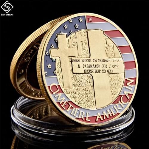The Normandie War Antique Gold Plated America Challenge Coin With Round Acrylic Box For Collection