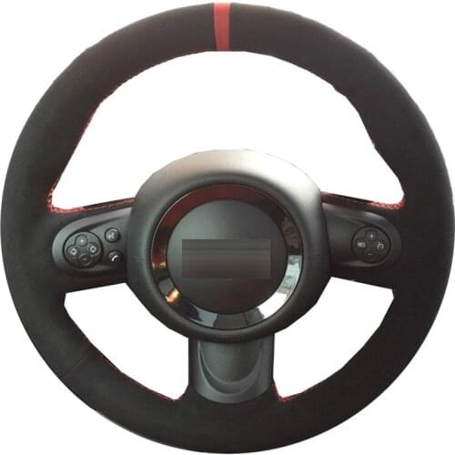 Black Suede Red Marker Hand-stitched Car Steering Wheel Cover for Mini Coupe Cooper Clubman Roadster 2004-2015