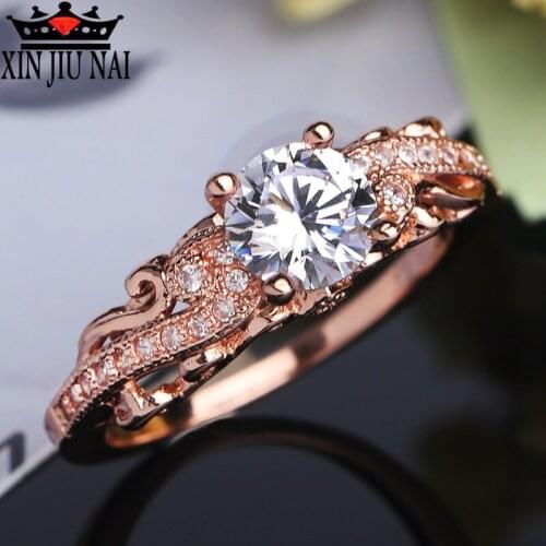 Elegant Retro Rose Gold Color Rings Four Claw Solitaire Cz Crystal Forever Wedding Ring Jewelry For Women Bands Jewelry 6-10