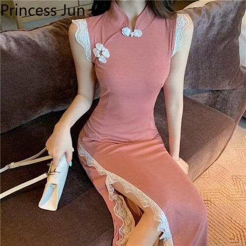 Chinese Improved Cheongsam Lace Stitching Pink Dress Vintage Retro High Split Sexy Bodycon Pencil Dress Slim Elegant Party Dress