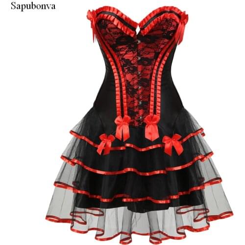 Sapubonva corset and skirt set tutu costume gothic corset tank tops for women floral lace trim corsets dress vintage cosplay red