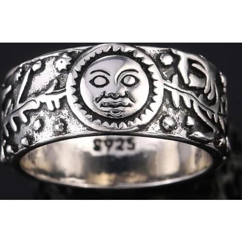 Hot Selling Creative Flowers Sun Moon Rings Vintage Thai Silver Make Old Punk For Women Men Fancy Dress Jewelry Gift Anniversary