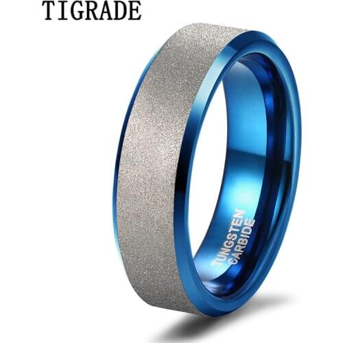 TIGRADE Men Ring Tungsten Carbide Blue Silver Color Frosted Ring 6mm For Wedding Engagement Band Unisex Party Rings Size5-12
