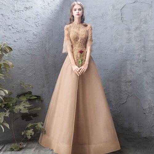 Special Occasion Dresses Luxurious Half Sleeves High Neck A-Line Backless Appliques Floor-Length Lady Formal Party Gown E1100