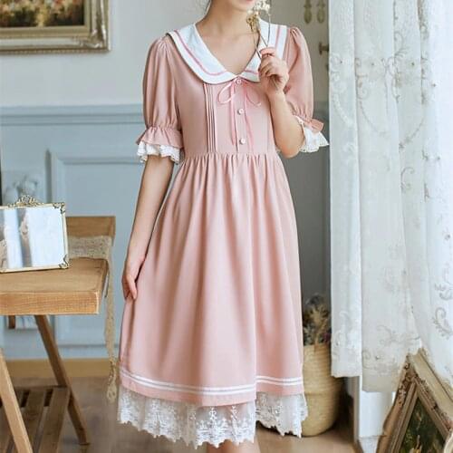 Pink Sweet Kawaii Dress Women Summer Japanese Bow Doll Collar Cute Lace Flared Sleeve Elegant Fairy Vestido Pr