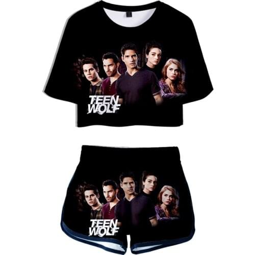 Plus size womens clothing Teen Wolf Dew navel t shirt + Short Pants Two Piece Sets Girl Summer Tshirt+ Shorts Casual Sportswear
