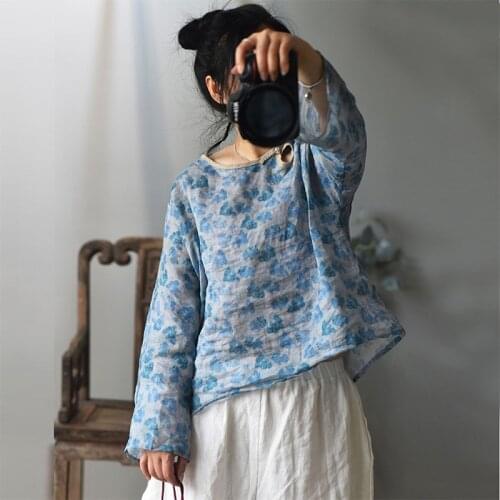 Women Loose Ramie Printed Shirt Tops Ladies Plus Size Short Blouse Female Vintage Shirt 2020 Spring Summer Ramie Tops