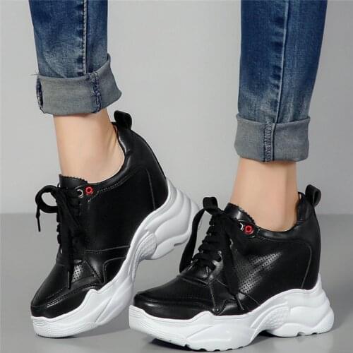 Casual Shoes Women Lace Up Cow Leather Wedges High Heel Motorcycle Boots Female Round Toe Fashion Sneakers Platform Pumps Shoe