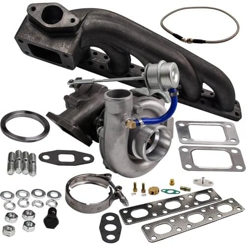 T3/T4 T04E V-BAND Turbocharger 63 A/R W/ Exhaust Manifold for BMW E36 E46 M3 I6 92-99 4AN+Turbo Bradied Oil Feed Inlien Line Kit