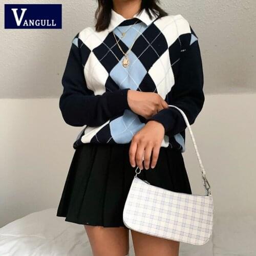 Vangull Argyle Knitted O-Neck Sweater Pullover Women Ins Autumn Winter 2020 Warm Loose Long Sleeve College Style Sweater Tops