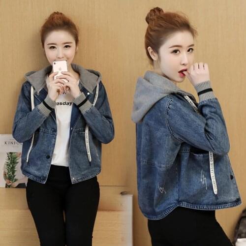 2019 Spring Autumn Women Jeans Jacket Loose Outerwear Fashion Casual Stitching Hooded Denim Jacket Cute Female Short Denim Tops