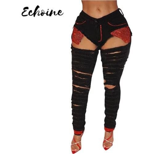 Black Hole Hollow Out Sequins Splicing Denim Pants Women Retro Solid Sexy Hole Jeans Ripped Pencil Trousers Street Lady Pants