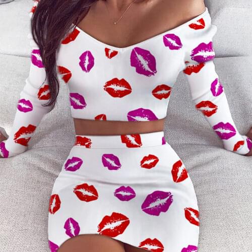 Lips Printed Two Piece Womens Set Long Sleeve Cropped Top AND Skirts 2 Piece Sets Women 2021 Spring Summer Casual Ladies Suit