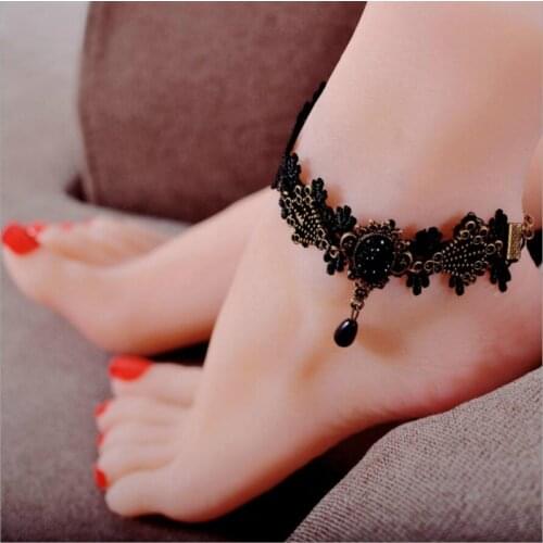 2017 New Vintage gold chain ankle bracelet Pendant Black Lace Handmade Gothic anklets women accessories foot fine jewelry