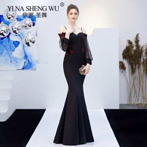New Black Mermaid Long Gowns Elegant Sling Long Dress Backless Long Dress Sleeve Appliques Sexy Robe De Soiree Longue Femme