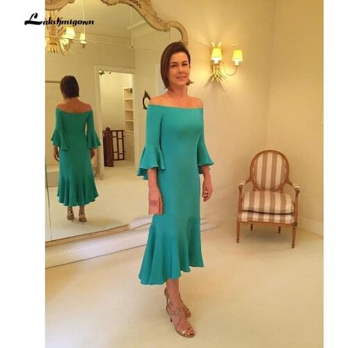 Green Tea-Length Ruffles Three Quarter Off the Shoulder Mother of the Bride Dress Elegant vestidos para madre de novia 2021