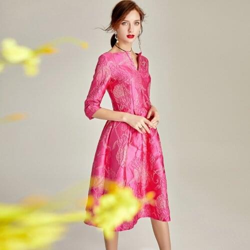 Spring Summer Vintage Women 3/4 Sleeve Dobby Floral Glitters Knee Length Dress , Woman Clothing High Waist Flower Dresses