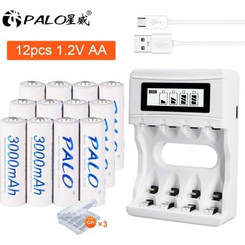 PALO AA rechargeable battery 3000mah rechargeable 2a NI-MH 1.2V battery for camera toy flash with LCD charger for aa/aaa battery