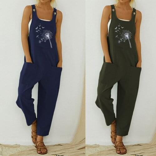 2021 Summer Womens Summer Jumpsuit Casual Boho Print Pocket Romper Long Playsuit Strap Button Jumpsuit Комбенизон Женский